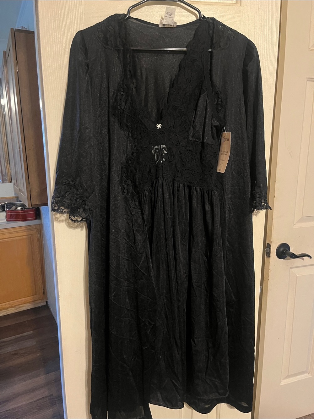 Women's Black Lace-Trim Long Robe